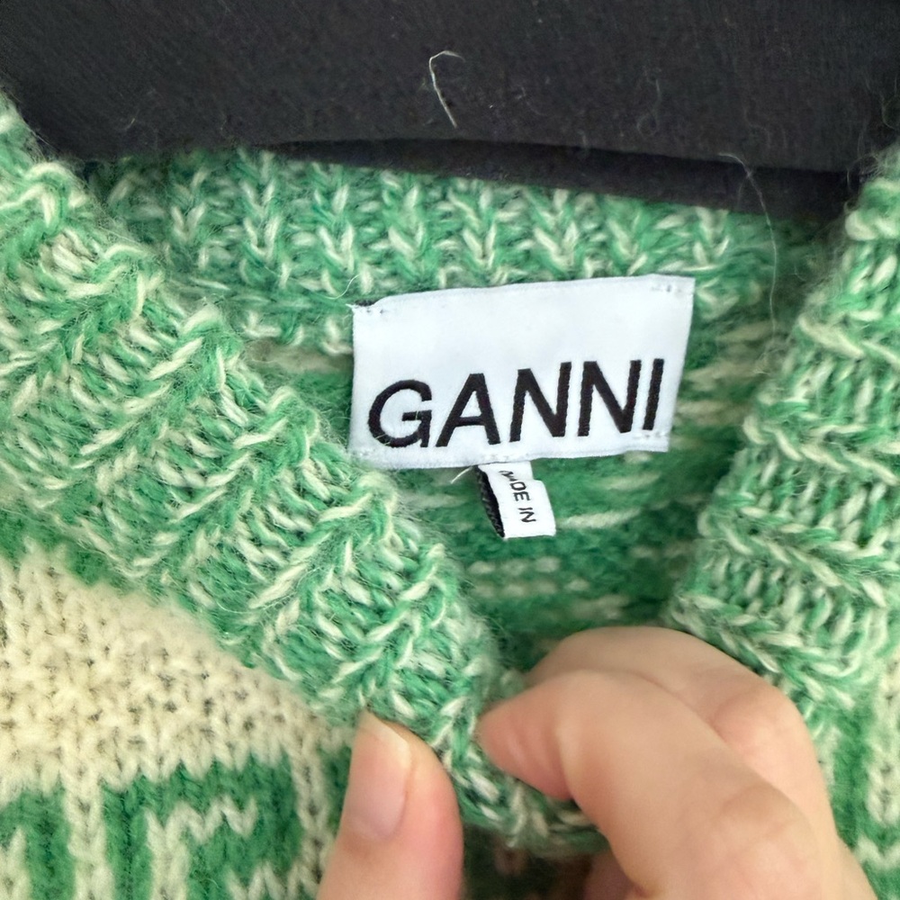 GANNI Egret Logo Fair Isle Sweater 100% Organic Wool Women - Picture 4 of 6